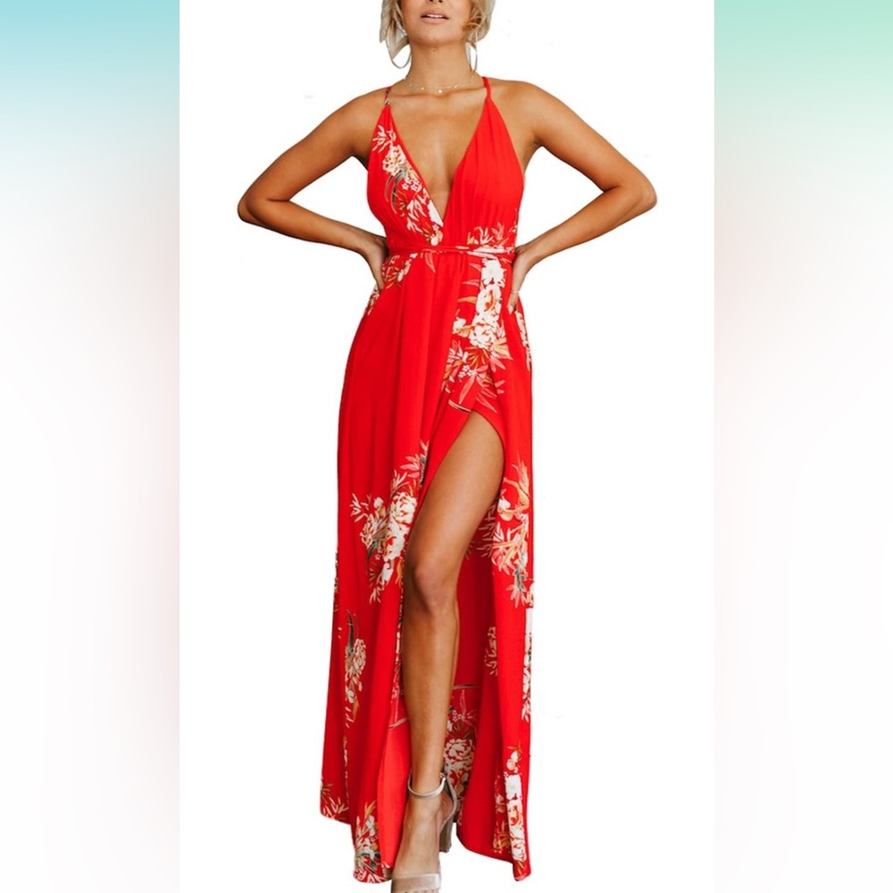 Red halter dress with high leg slit
